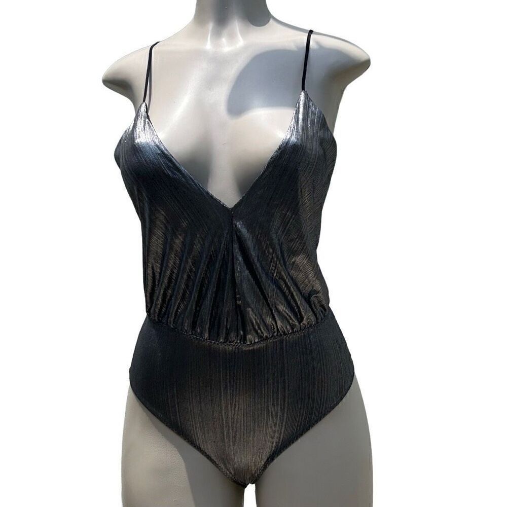 Zara Silver Metallic Tank Bodysuit  Women's 6 Plunging Neck Open Back Spaghetti - Picture 6 of 10